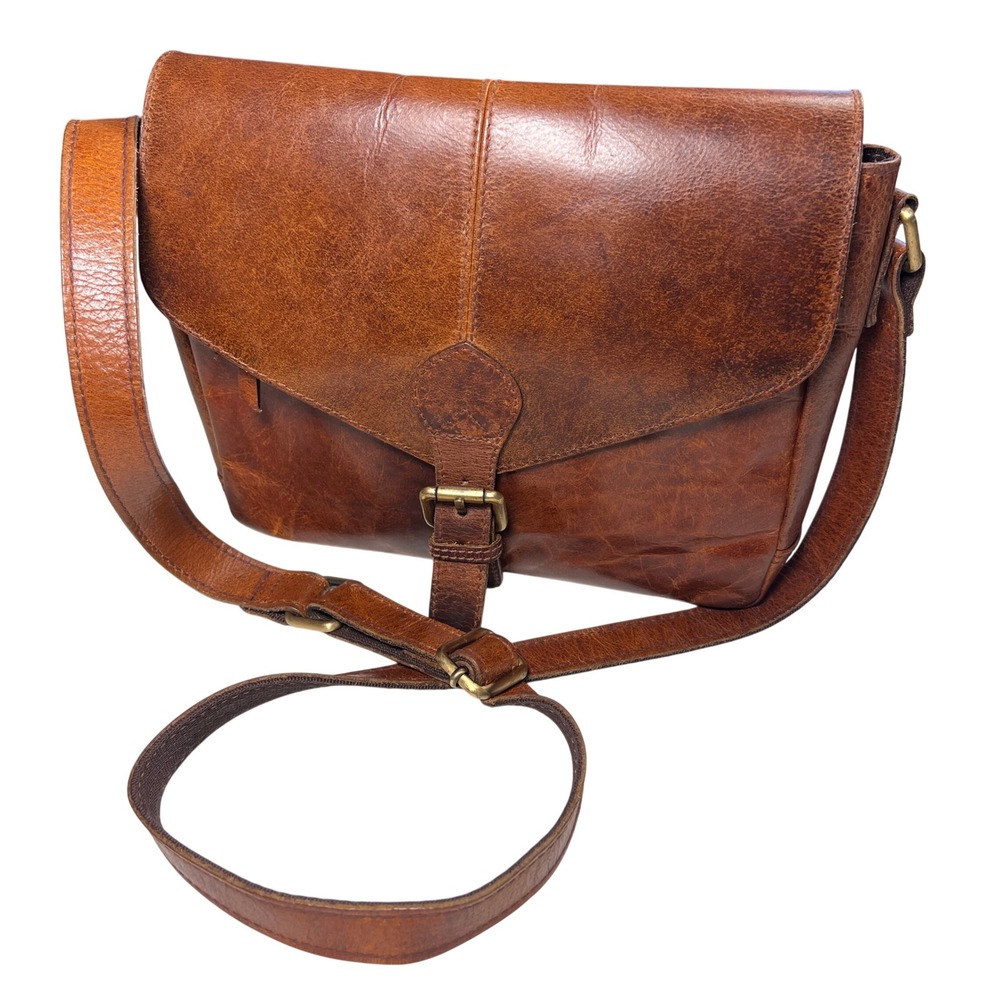 Kamal Brown Leather Crossbody Purse Distressed Shoulder Bag Adjustable Strap